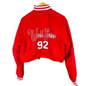 Pretty Little Thing Red Cropped Nylon World Series Bomber Jacket Women's NWT S